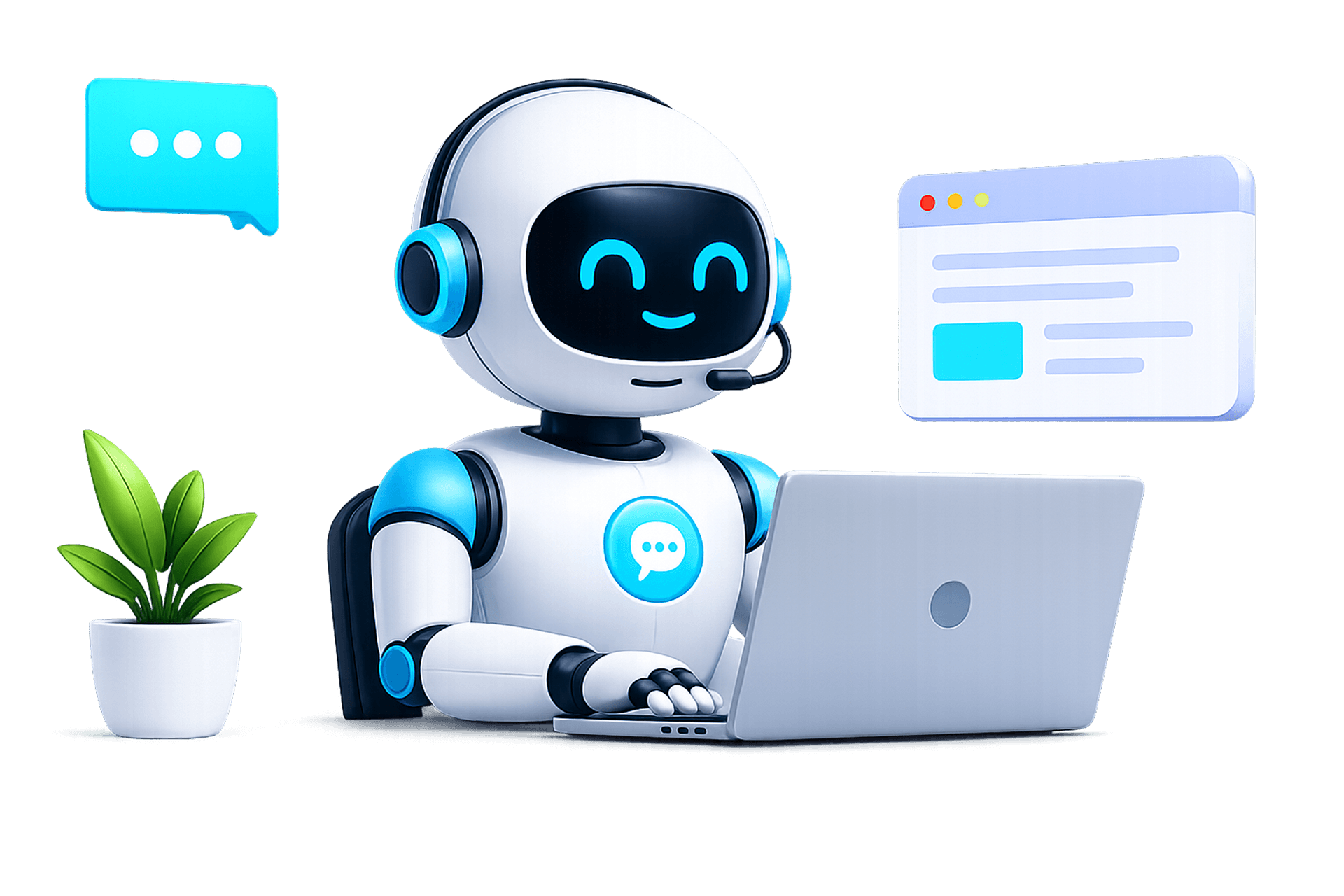 BayAI robot assistant scanning a website and responding to chats from a laptop